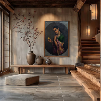This exquisite portrait captures the timeless beauty and grace of a traditional figure, adorned in for Hall