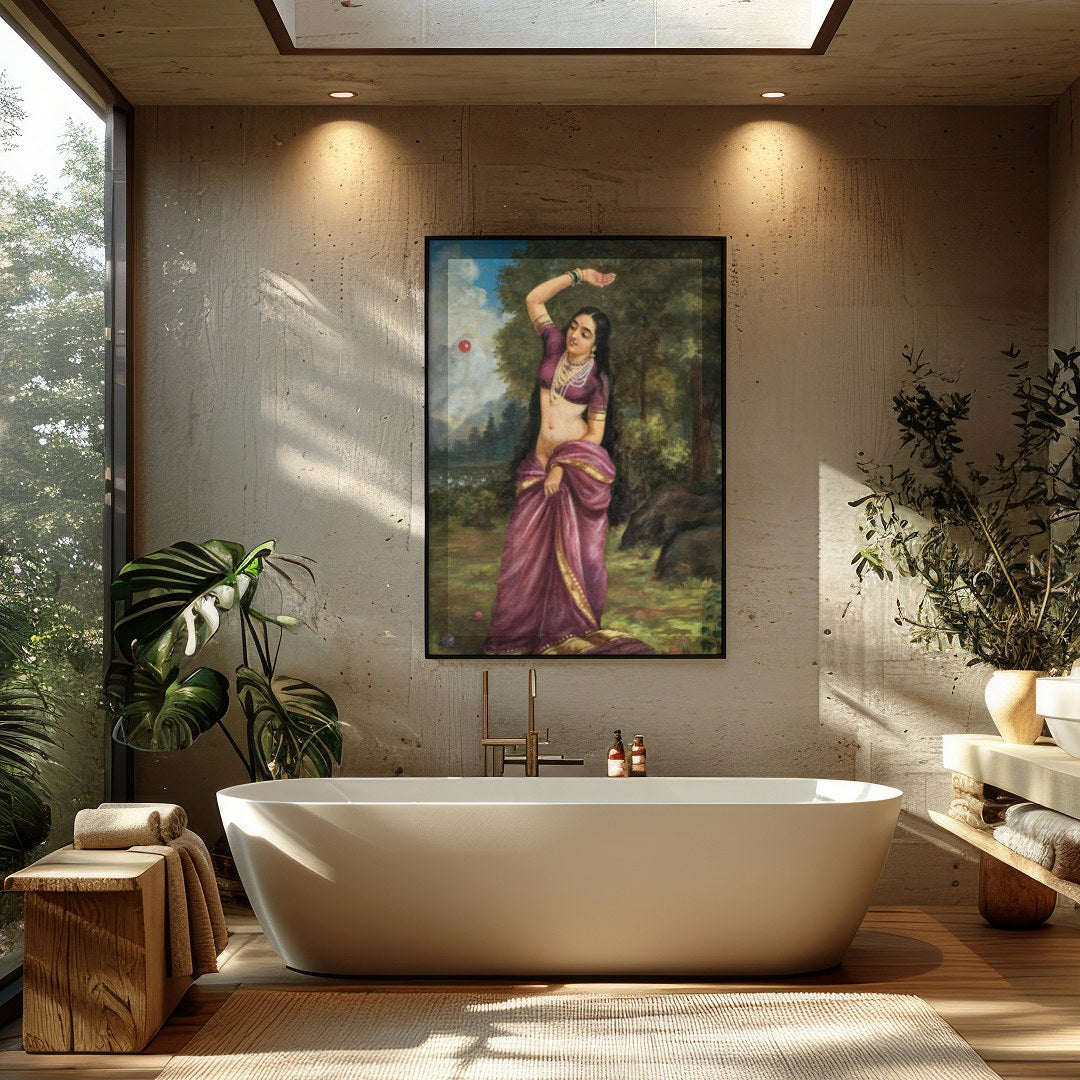 This captivating piece of art depicts a graceful woman in a serene natural setting, clad in a for Bathroom
