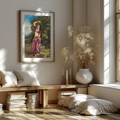 This captivating piece of art depicts a graceful woman in a serene natural setting, clad in a for decor