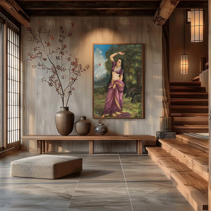 This captivating piece of art depicts a graceful woman in a serene natural setting, clad in a for Hall