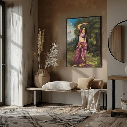 This captivating piece of art depicts a graceful woman in a serene natural setting, clad in a for kitchen