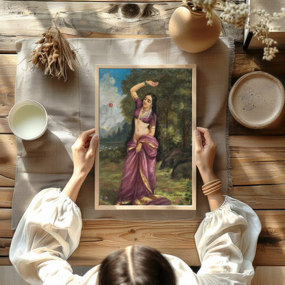 This captivating piece of art depicts a graceful woman in a serene natural setting, clad in a for studio