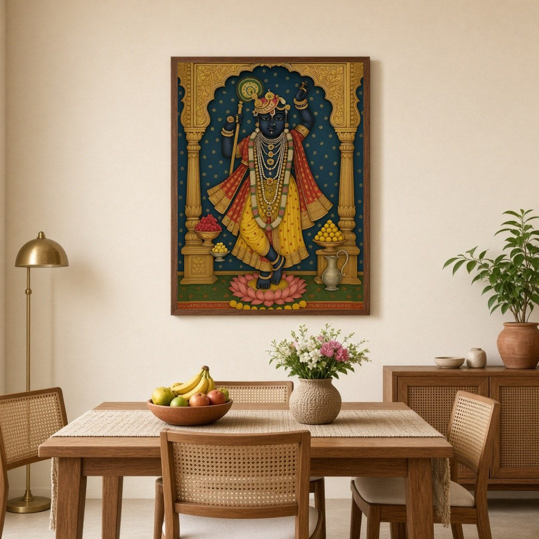 Experience the divine grace of Shrinathji in this exquisite Pichwai art print. The artwork for Dining