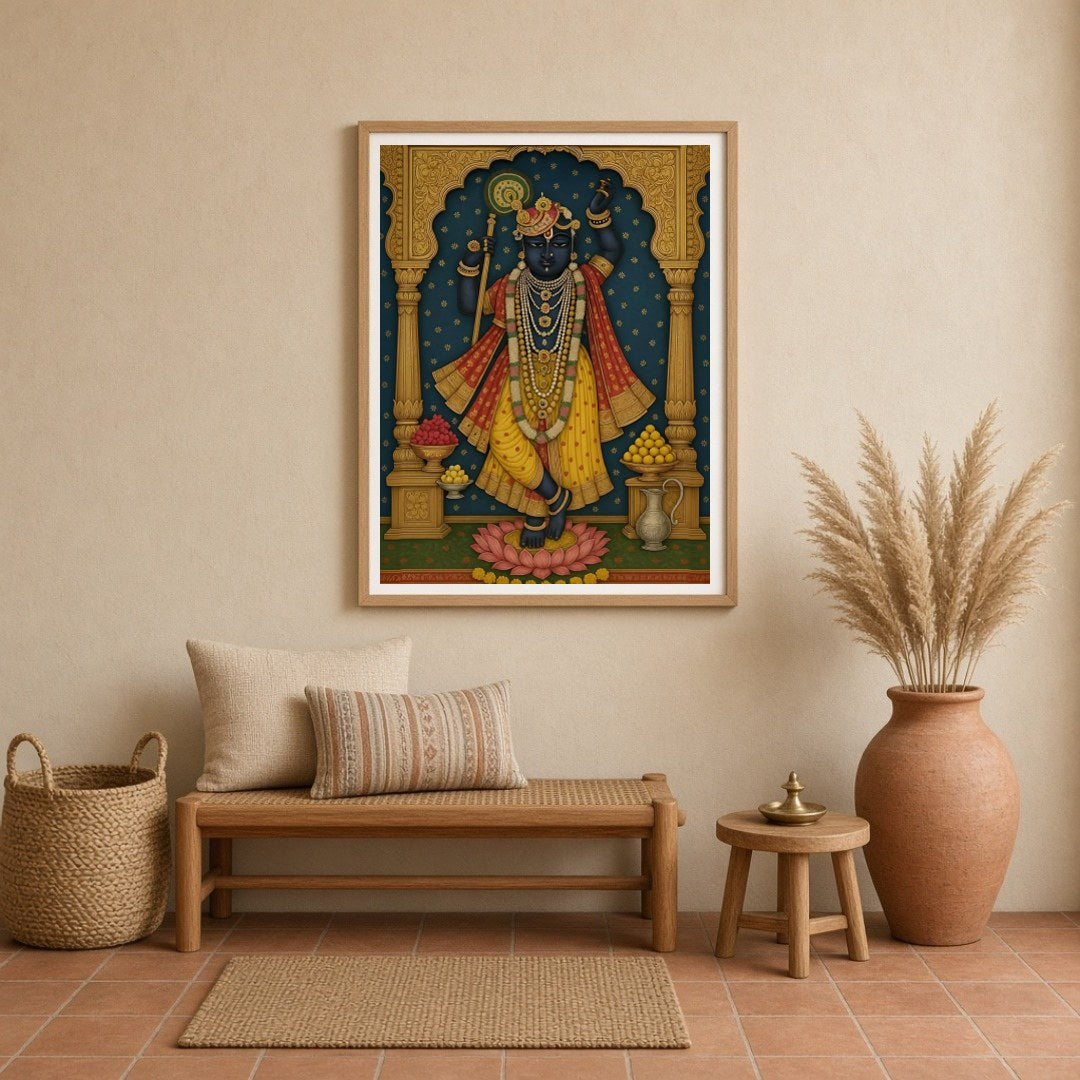 Experience the divine grace of Shrinathji in this exquisite Pichwai art print. The artwork for Entrance