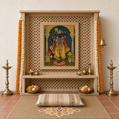 Experience the divine grace of Shrinathji in this exquisite Pichwai art print. The artwork for Home Temple