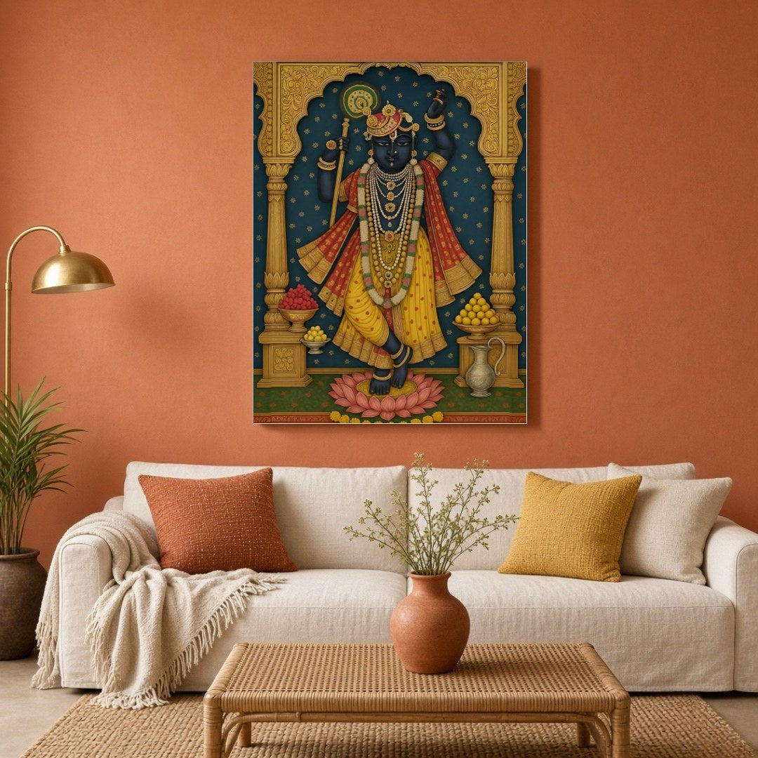 Experience the divine grace of Shrinathji in this exquisite Pichwai art print. The artwork for Living Room