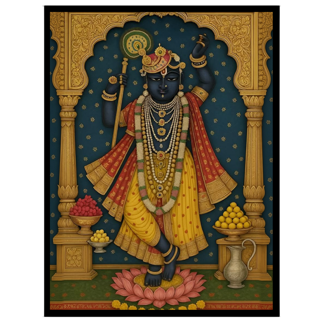 Experience the divine grace of Shrinathji in this exquisite Pichwai art print. The artwork for retreat