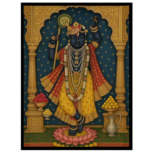Experience the divine grace of Shrinathji in this exquisite Pichwai art print. The artwork for retreat