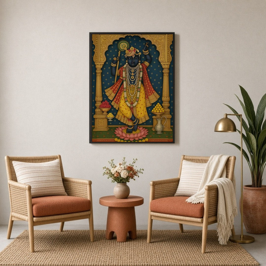 Experience the divine grace of Shrinathji in this exquisite Pichwai art print. The artwork for Sitting Lounge