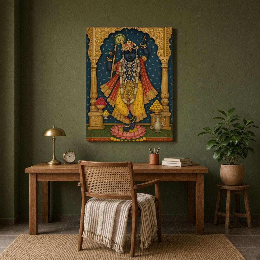 Experience the divine grace of Shrinathji in this exquisite Pichwai art print. The artwork for Study