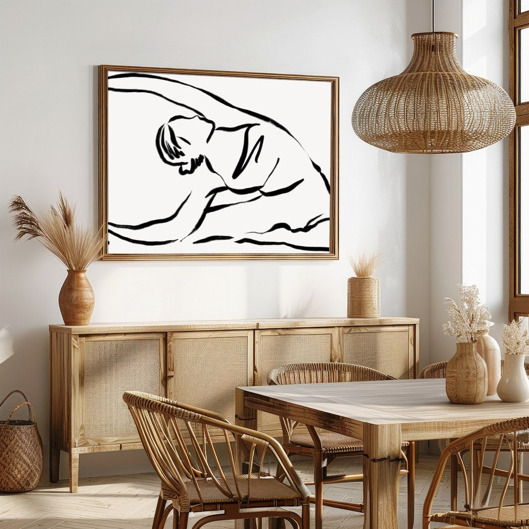 Embrace the elegance of minimalism with this serene line drawing, capturing the fluid movement of a for Dining