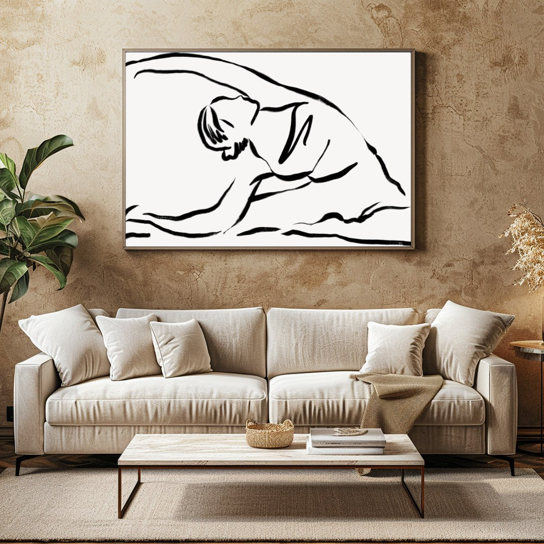 Embrace the elegance of minimalism with this serene line drawing, capturing the fluid movement of a for Family Room