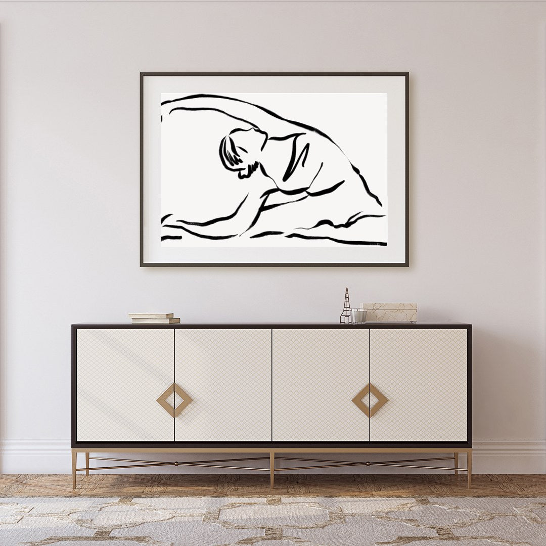Embrace the elegance of minimalism with this serene line drawing, capturing the fluid movement of a for Foyer