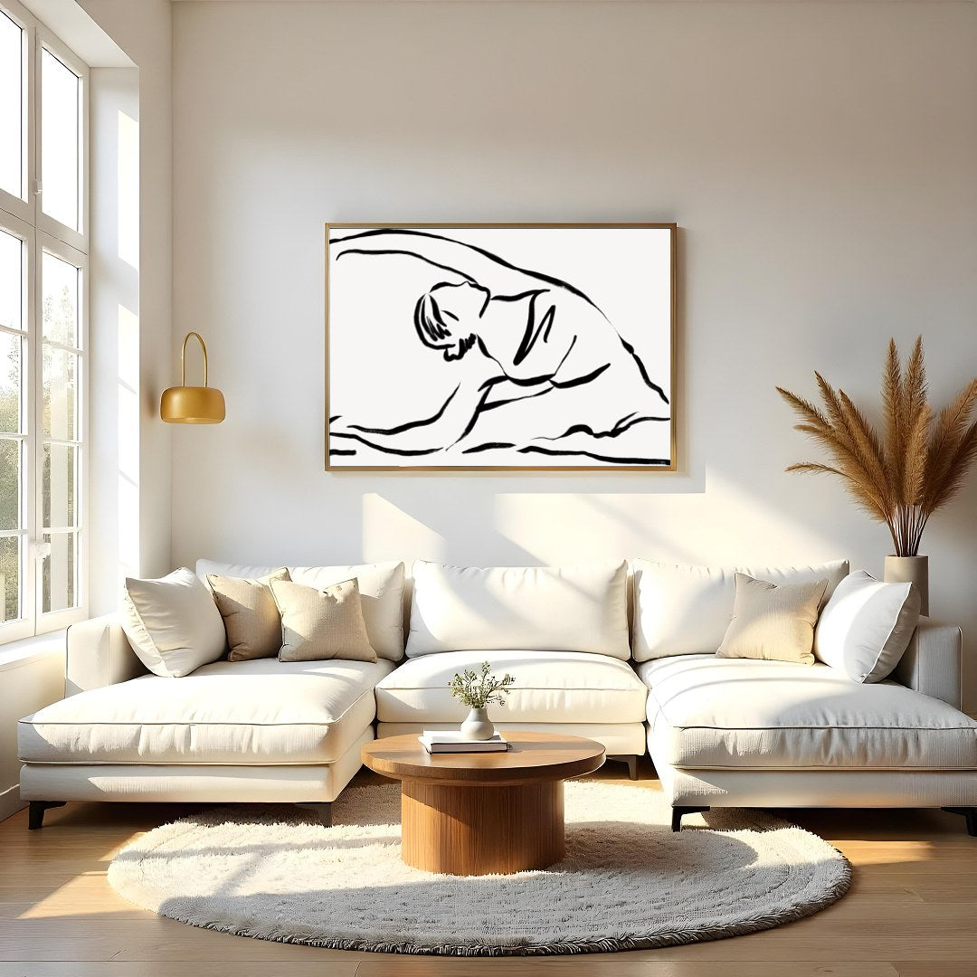 Embrace the elegance of minimalism with this serene line drawing, capturing the fluid movement of a for Living Room