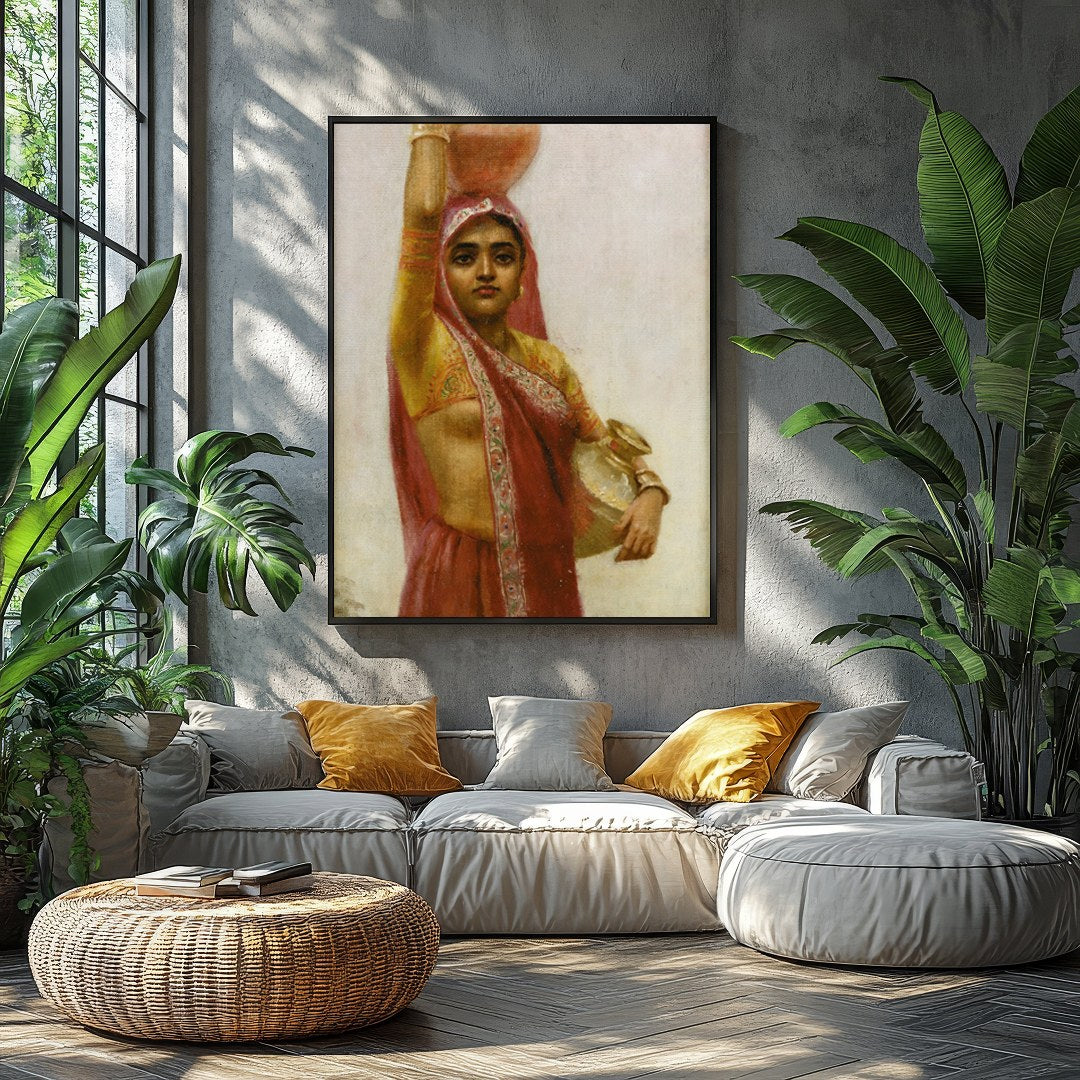 Captivate your space with this exquisite artwork depicting a woman in traditional attire gracefully for Balcony
