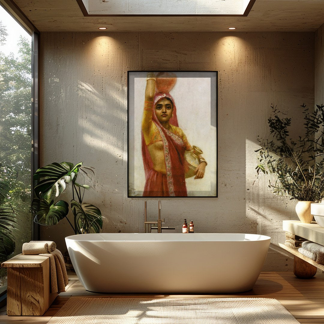 Captivate your space with this exquisite artwork depicting a woman in traditional attire gracefully for Bathroom