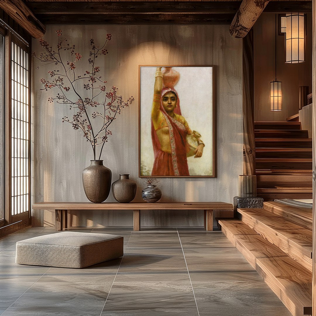 Captivate your space with this exquisite artwork depicting a woman in traditional attire gracefully for Hall