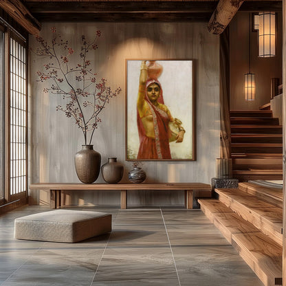 Captivate your space with this exquisite artwork depicting a woman in traditional attire gracefully for Hall