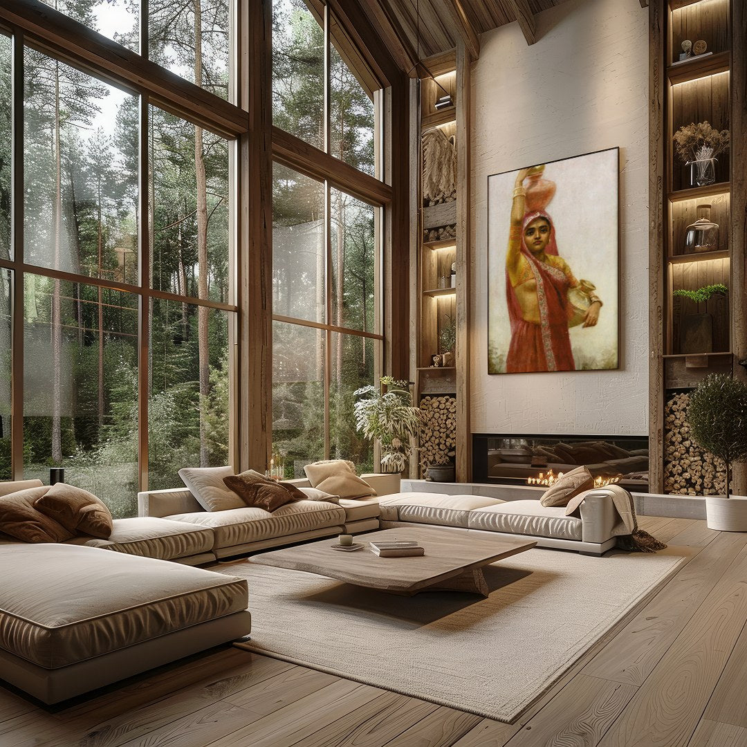 Captivate your space with this exquisite artwork depicting a woman in traditional attire gracefully for Living Room
