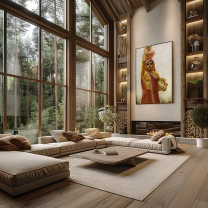 Captivate your space with this exquisite artwork depicting a woman in traditional attire gracefully for Living Room