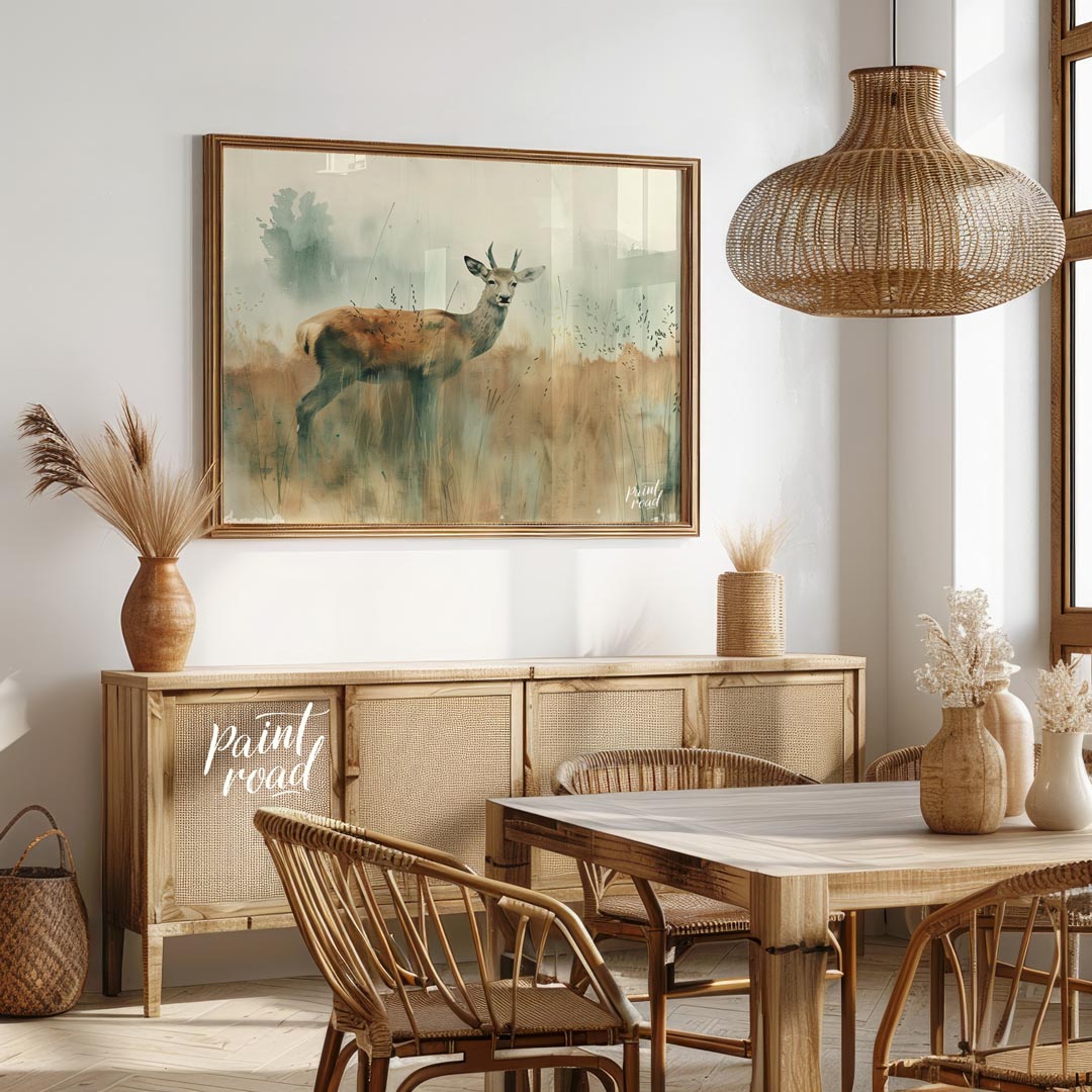 This serene watercolor painting captures a young stag standing gracefully in a field of tall, muted… for dining room