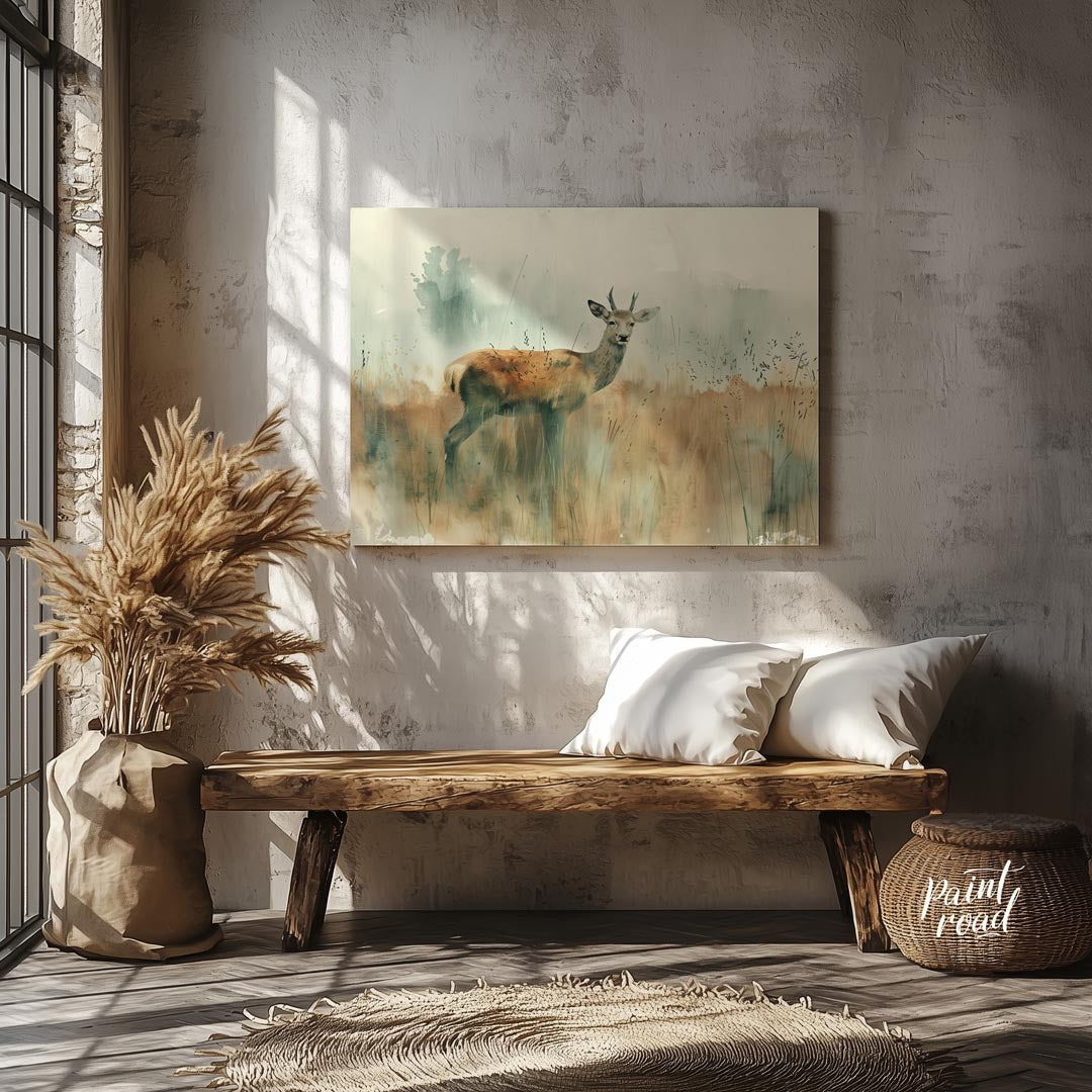 This serene watercolor painting captures a young stag standing gracefully in a field of tall, muted… for entryway
