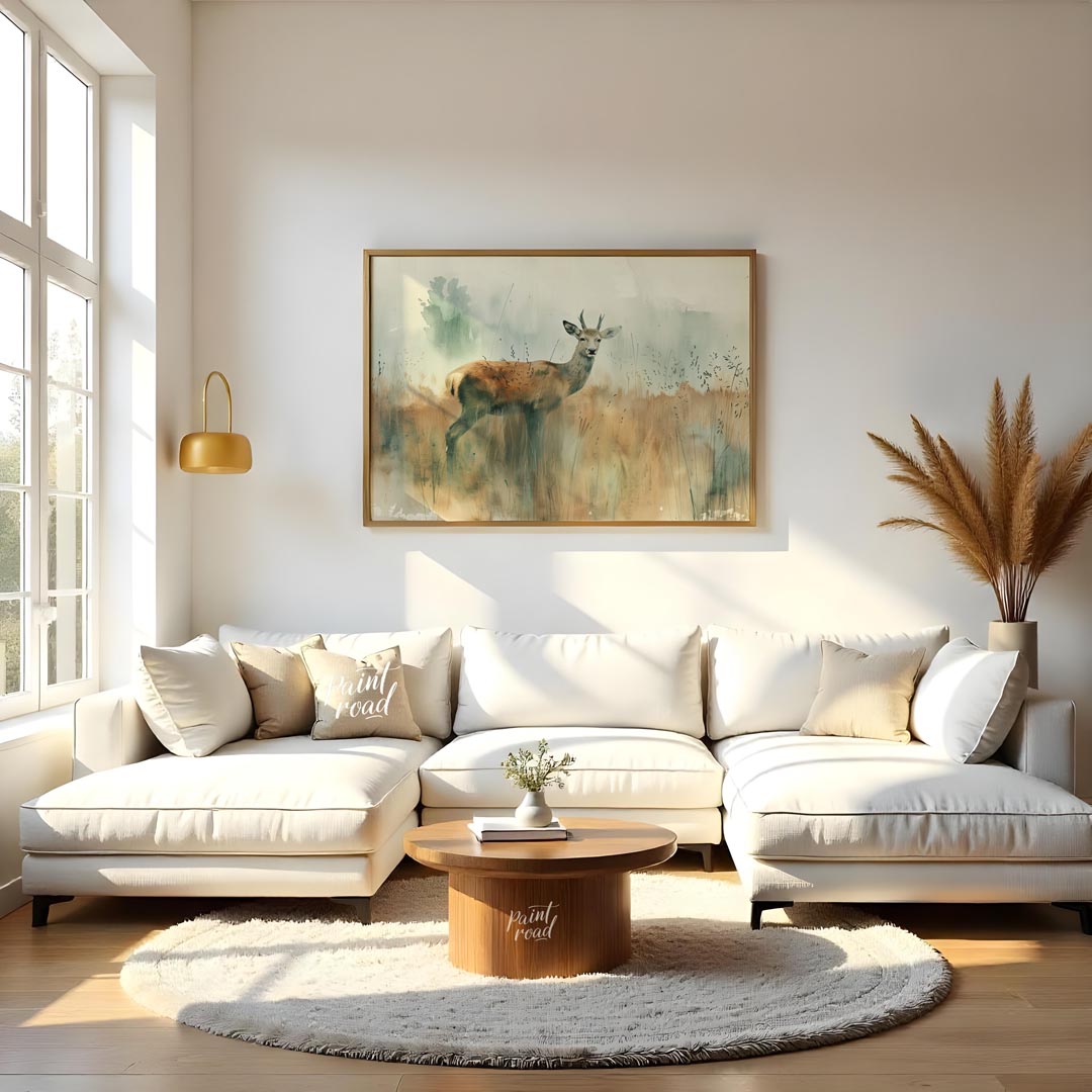 This serene watercolor painting captures a young stag standing gracefully in a field of tall, muted… for living room