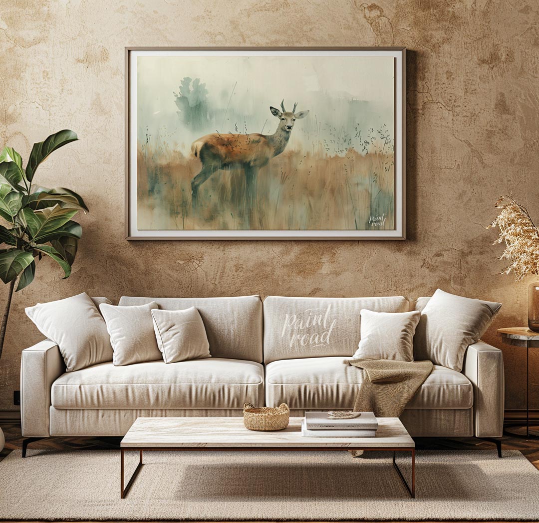 This serene watercolor painting captures a young stag standing gracefully in a field of tall, muted… for living room