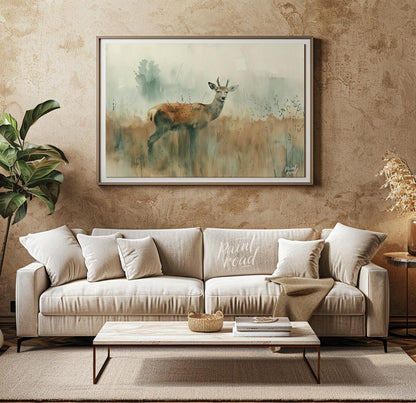 This serene watercolor painting captures a young stag standing gracefully in a field of tall, muted… for living room