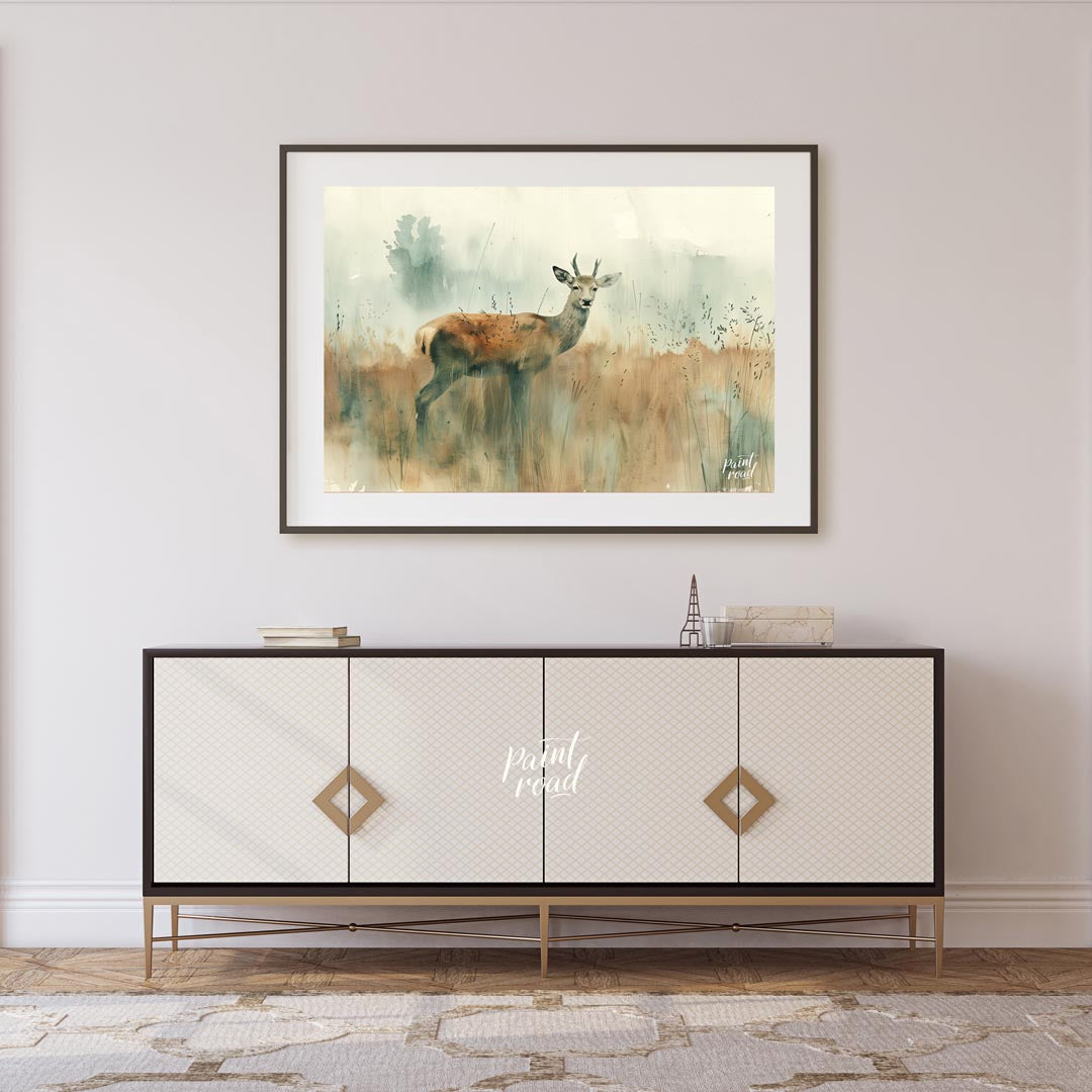 This serene watercolor painting captures a young stag standing gracefully in a field of tall, muted… for living room