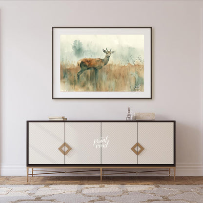 This serene watercolor painting captures a young stag standing gracefully in a field of tall, muted… for living room