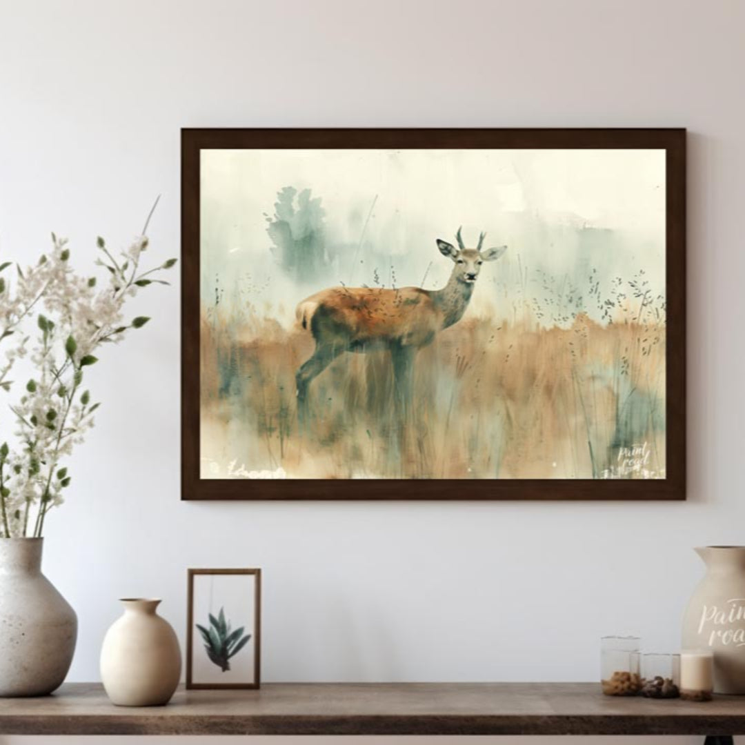 This serene watercolor painting captures a young stag standing gracefully in a field of tall, muted… for living room
