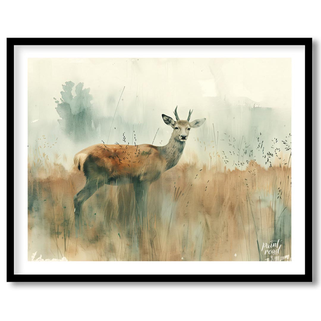 This serene watercolor painting captures a young stag standing gracefully in a field of tall, muted… for lovely-house