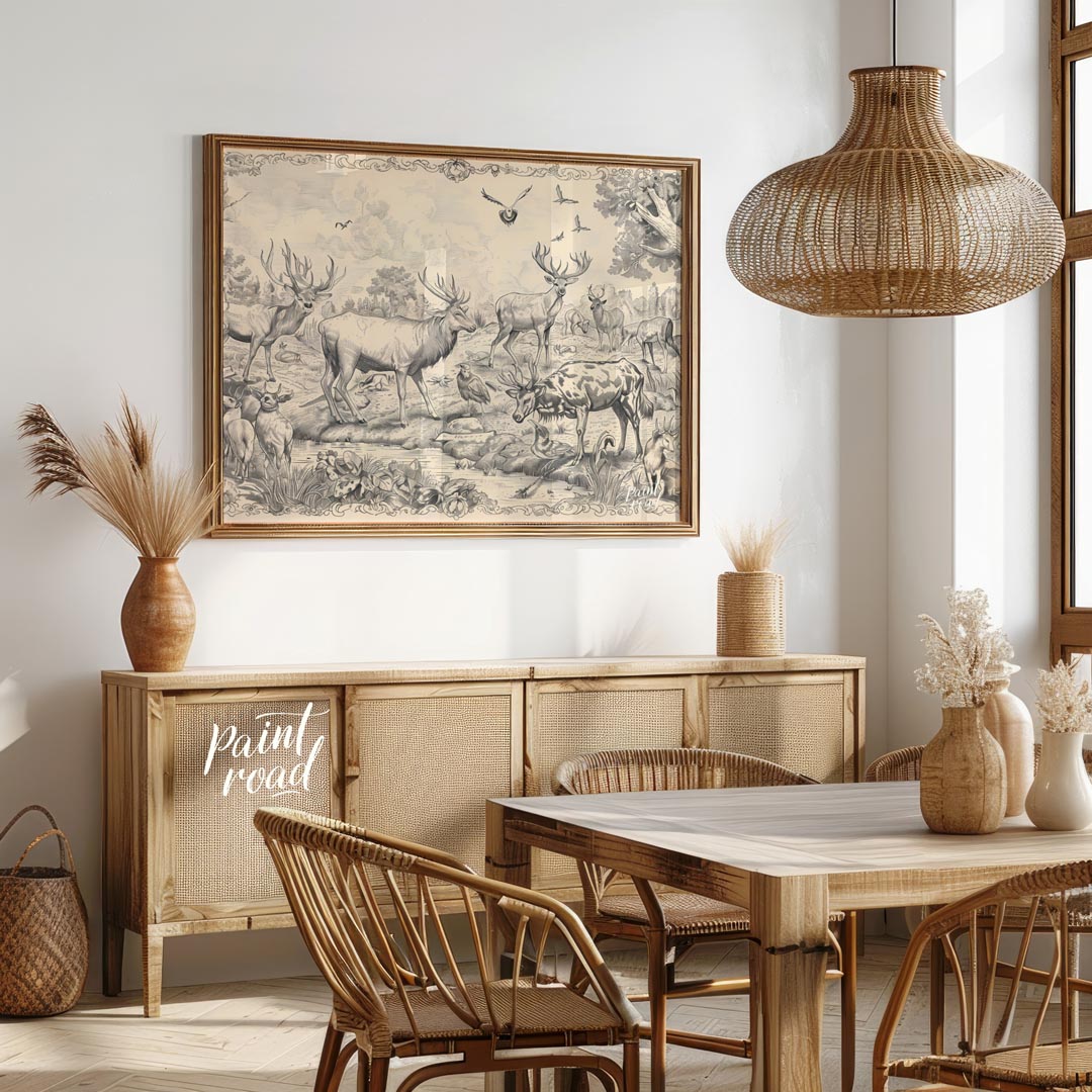 This intricate engraving showcases a grand gathering of various deer species within a lush, detaile… for dining room