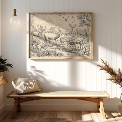 This intricate engraving showcases a grand gathering of various deer species within a lush, detaile… for entryway