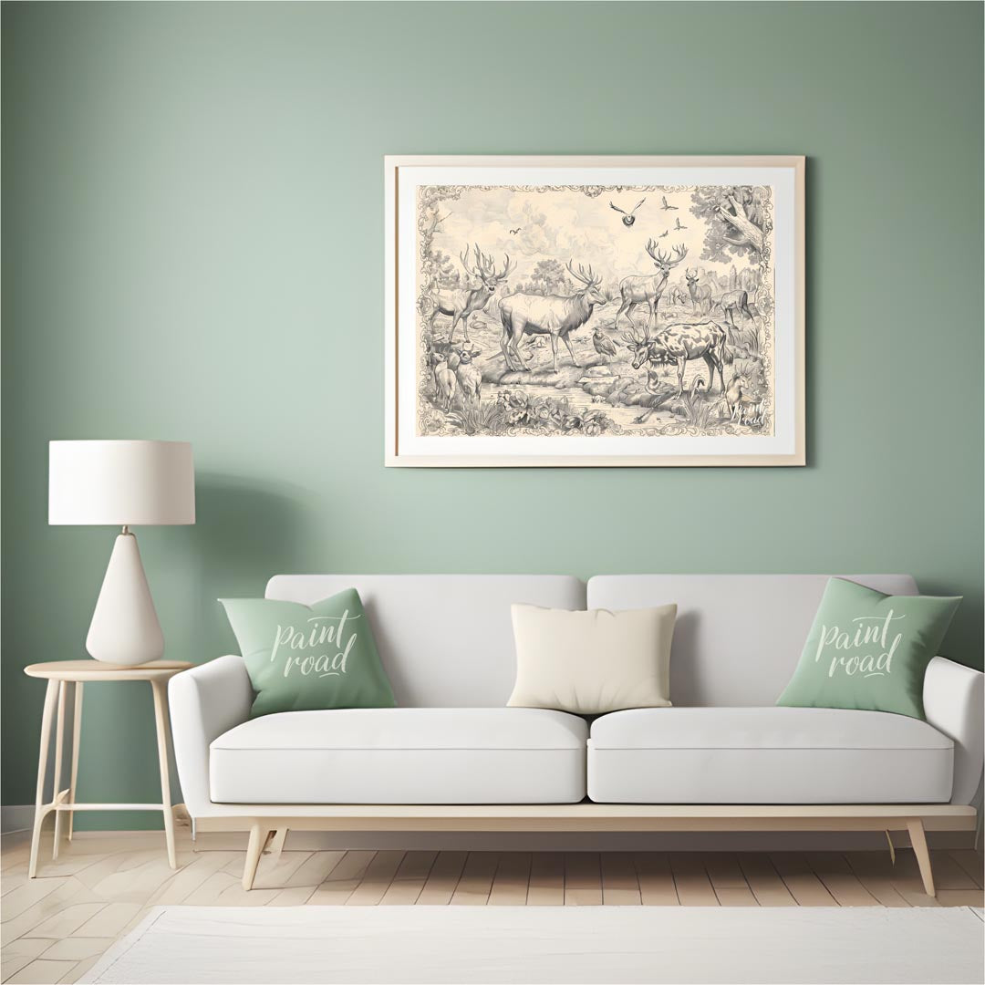 This intricate engraving showcases a grand gathering of various deer species within a lush, detaile… for living room