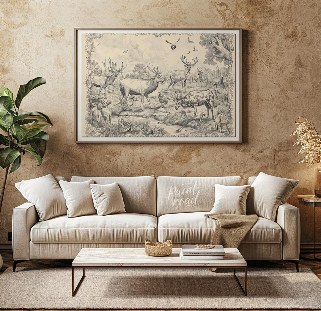 This intricate engraving showcases a grand gathering of various deer species within a lush, detaile… for living room