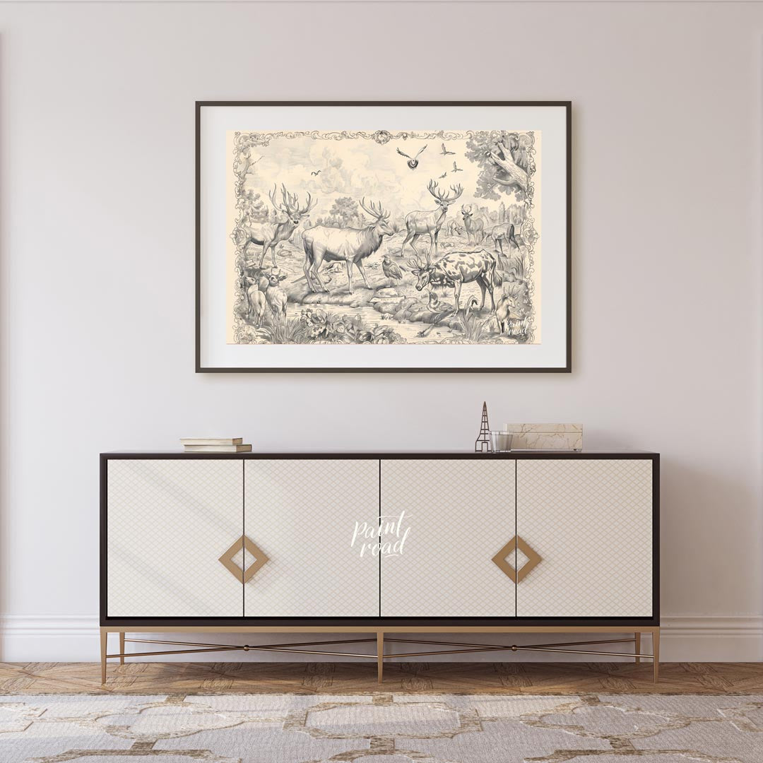 This intricate engraving showcases a grand gathering of various deer species within a lush, detaile… for living room