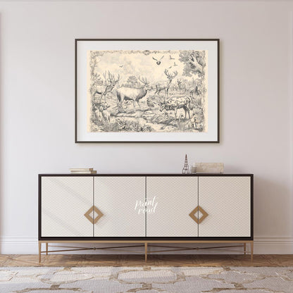 This intricate engraving showcases a grand gathering of various deer species within a lush, detaile… for living room