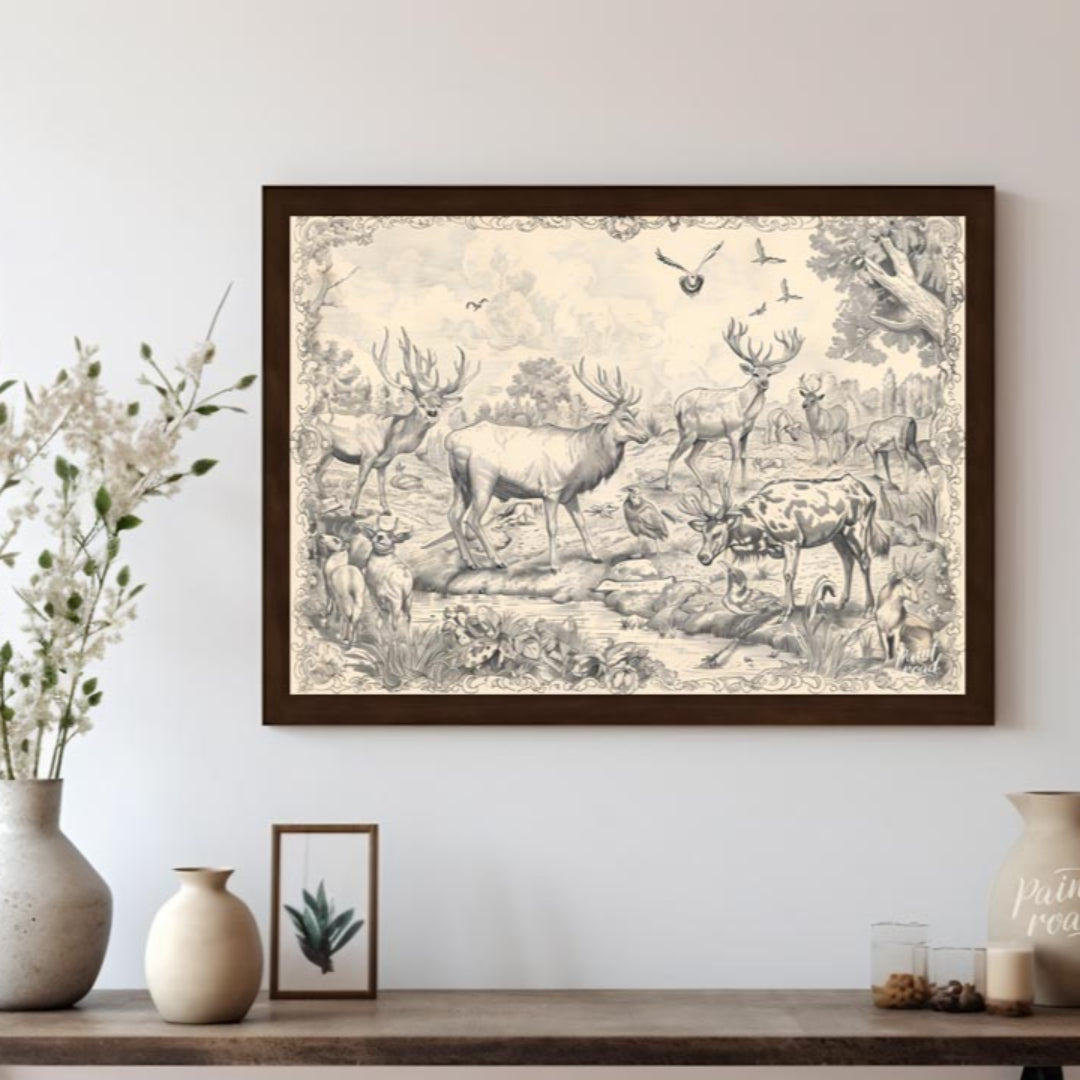 This intricate engraving showcases a grand gathering of various deer species within a lush, detaile… for living room