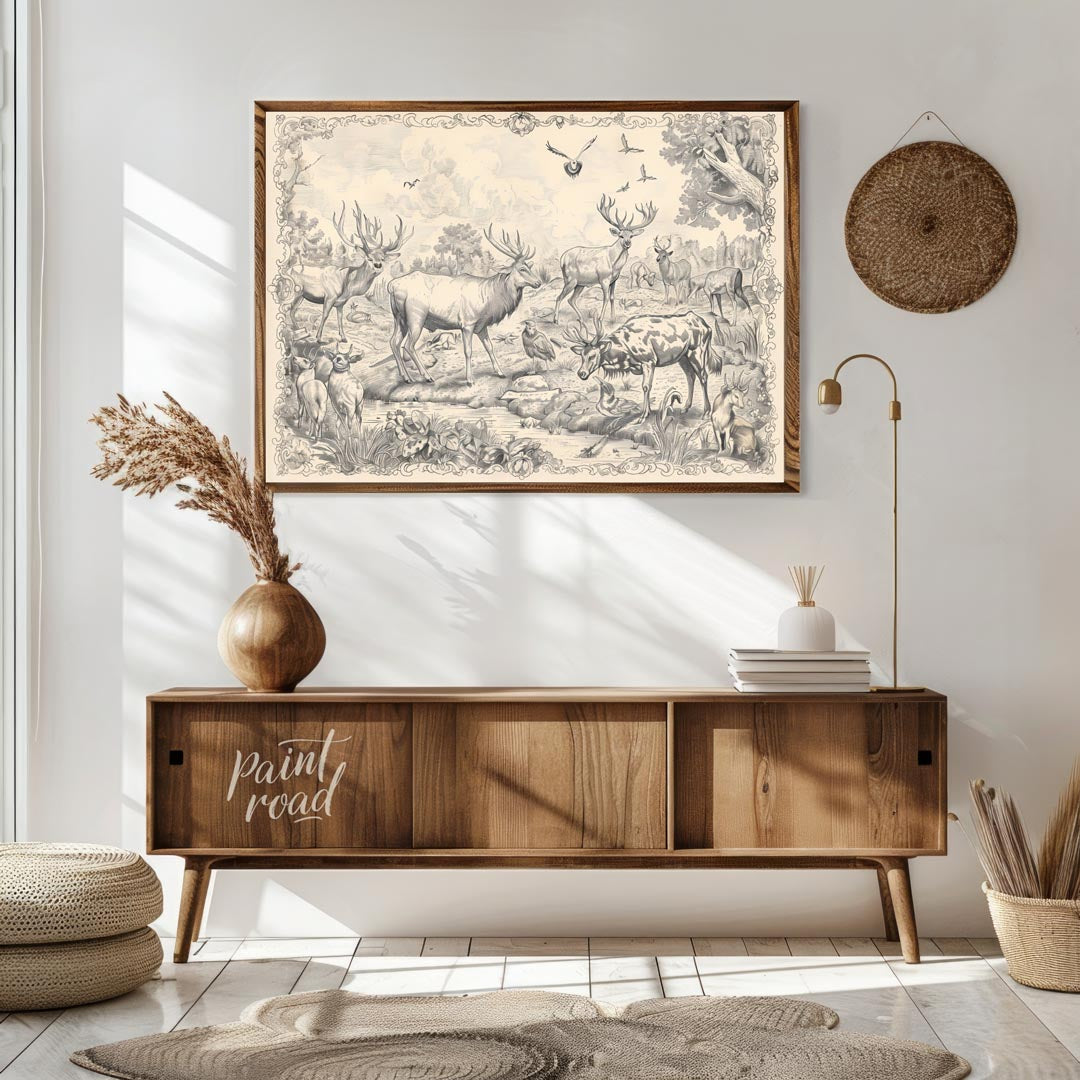 This intricate engraving showcases a grand gathering of various deer species within a lush, detaile… for living room
