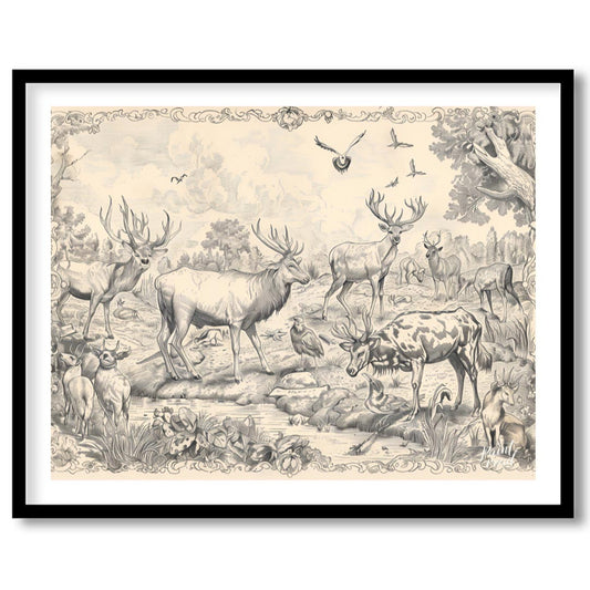 This intricate engraving showcases a grand gathering of various deer species within a lush, detaile… for lovely house