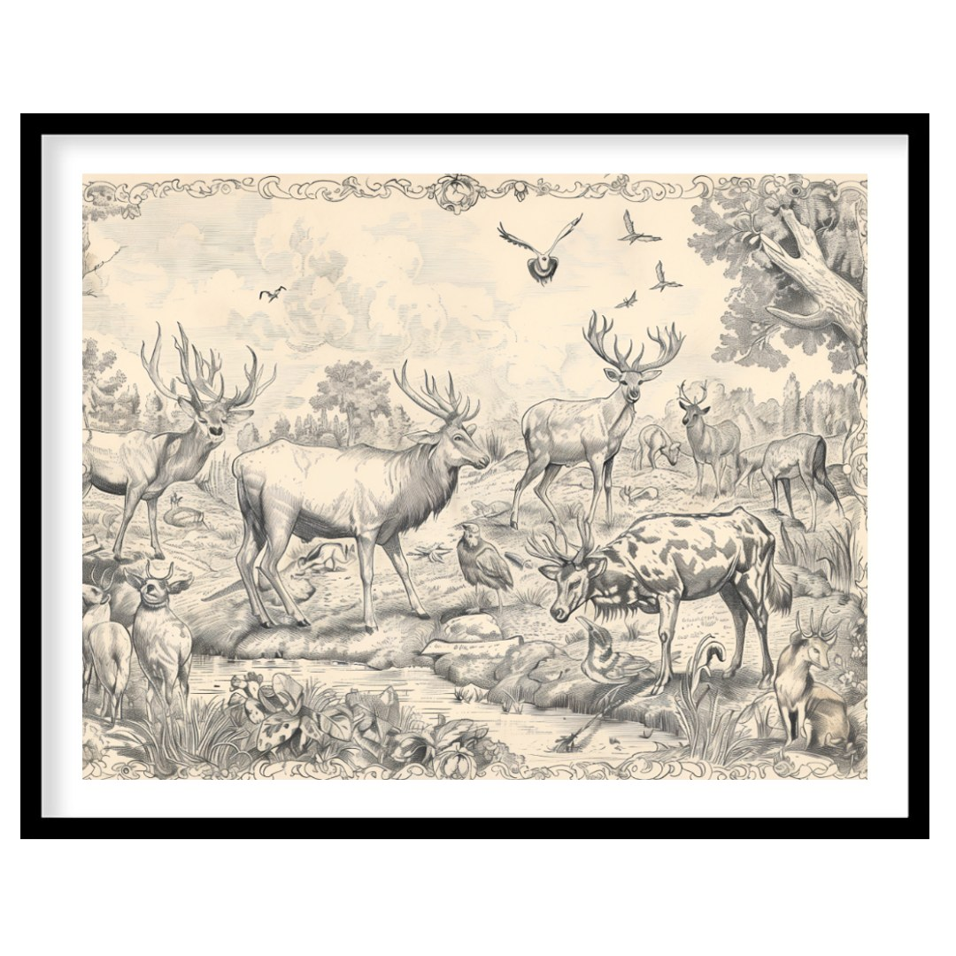 This intricate engraving showcases a grand gathering of various deer species within a lush, detaile… for lovely house