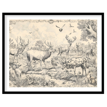 This intricate engraving showcases a grand gathering of various deer species within a lush, detaile… for lovely house