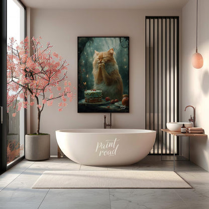 This enchanting digital painting depicts a fluffy orange and white cat with its eyes closed and paw… for bathroom