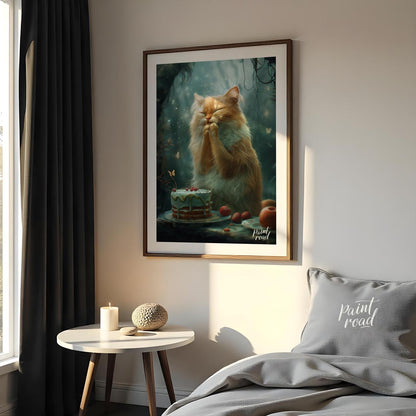This enchanting digital painting depicts a fluffy orange and white cat with its eyes closed and paw… for bedroom