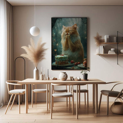 This enchanting digital painting depicts a fluffy orange and white cat with its eyes closed and paw… for dining room