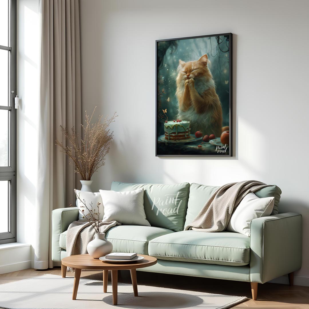 This enchanting digital painting depicts a fluffy orange and white cat with its eyes closed and paw… for living room