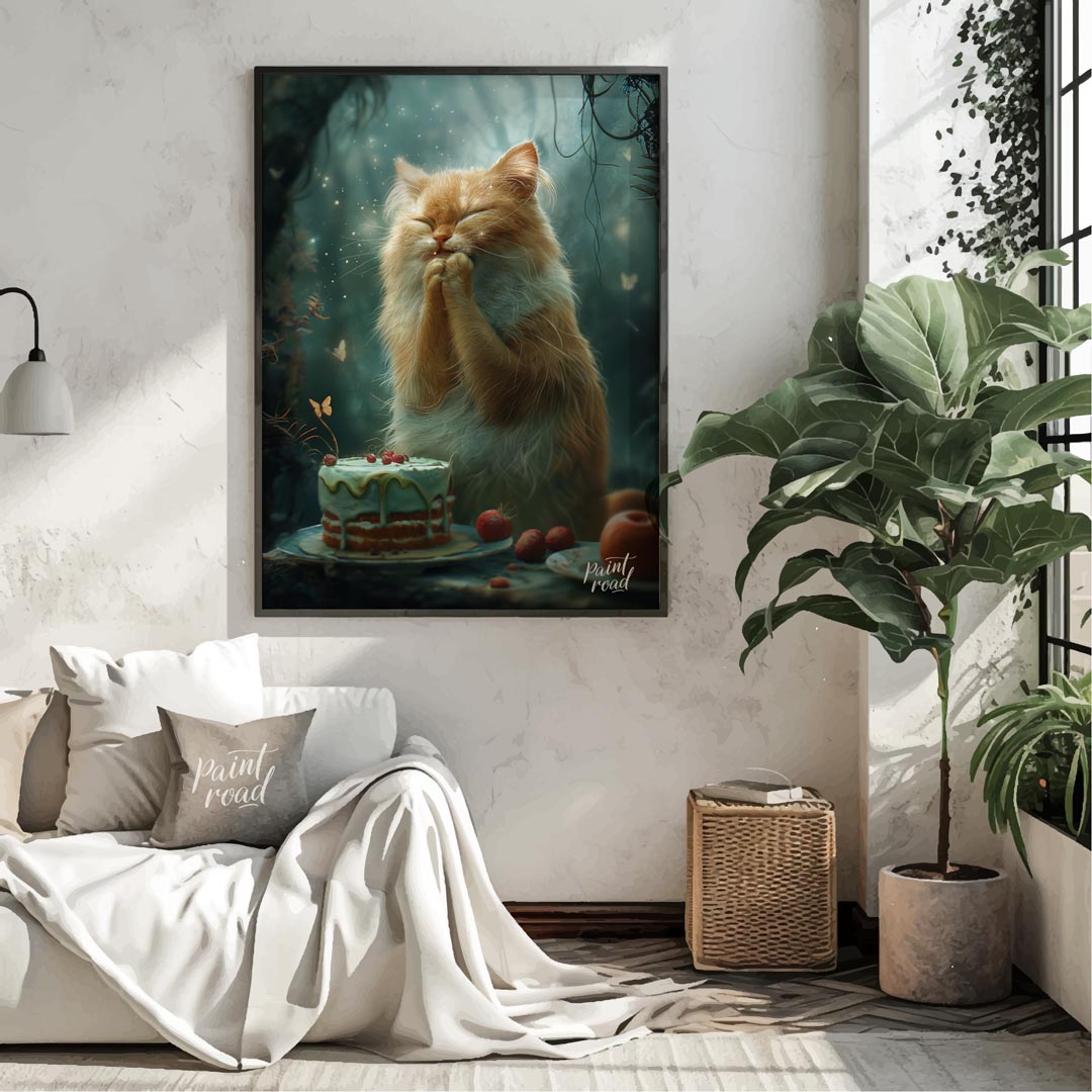 This enchanting digital painting depicts a fluffy orange and white cat with its eyes closed and paw… for living room