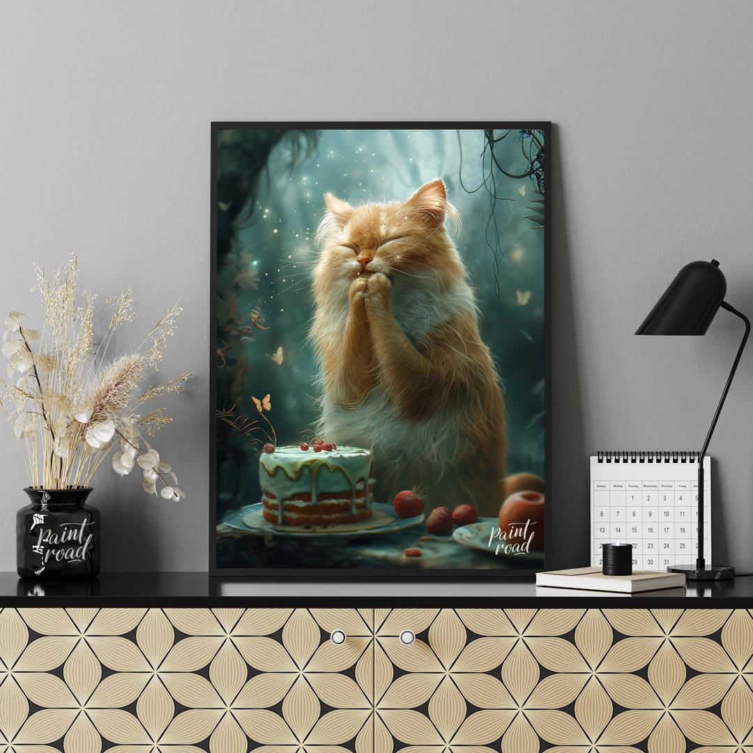 This enchanting digital painting depicts a fluffy orange and white cat with its eyes closed and paw… for office